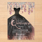Elegante Tropfen aus schwarzem Kleid Quinceanera Acryleinladungen (Vorderseite)