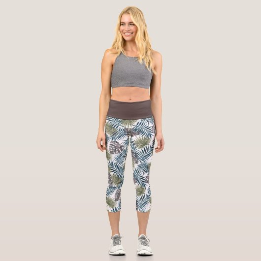 Elegante Tropical Aquamarin Blue Palm Tree Blätter Capri Leggings (Vorderseite)