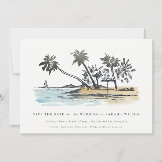 Elegante Tropical Beach Palm Tree Frische Pasta ma Save The Date (Vorderseite)