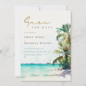 Elegante Tropical Beach Wasserfarbenpalmen Save The Date (Vorderseite)
