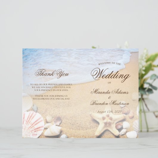 Elegante Tropical Beach Wedding Folded Program Car (Stehend Vorderseite)