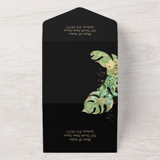 Elegante Tropical Black & Gold Hochzeit All In One Einladung (Außenbereich)