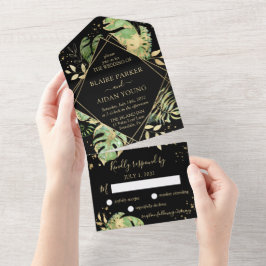 Elegante Tropical Black & Gold Hochzeit All In One Einladung