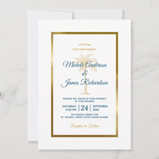 Elegante Tropical Blue Gold Palm Tree Beach Hochze Einladung (Vorderseite)
