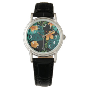 Elegante Tropical Botanical Floral & Blätter Kuns Armbanduhr