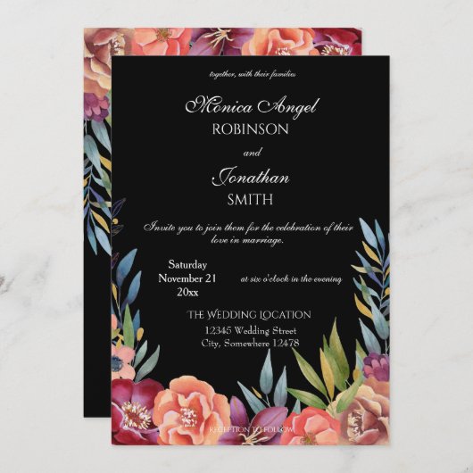 Elegante Tropical Burgundy & Blush Black Wedding V Einladung (Vorne/Hinten)