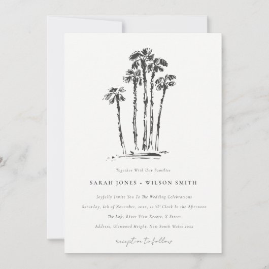 Elegante Tropical Coastal Palm Tree Hochzeit Einladung (Vorderseite)