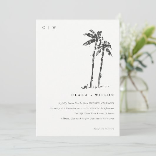 Elegante Tropical Coastal Palm Tree Hochzeit Einladung (Stehend Vorderseite)