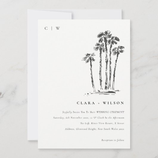 Elegante Tropical Coastal Palm Tree Hochzeit Einladung (Vorderseite)