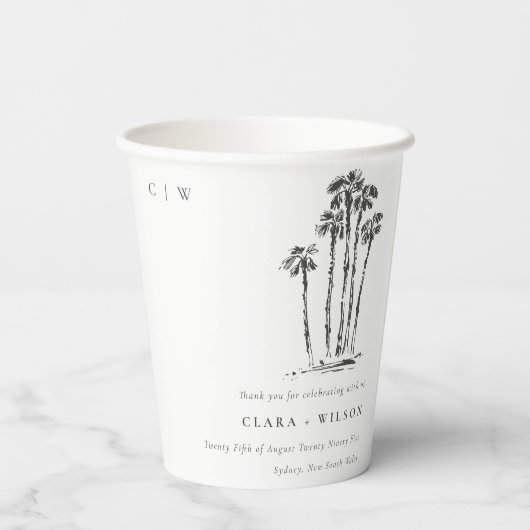 Elegante Tropical Coastal Palm Tree Hochzeit Pappbecher (Rückseite)