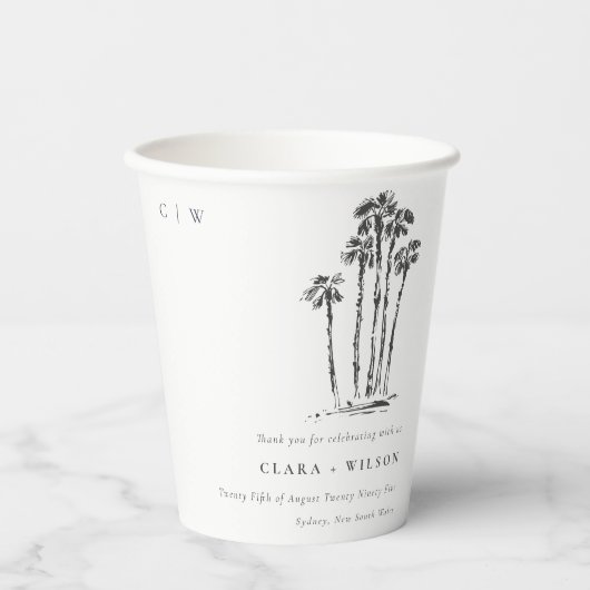 Elegante Tropical Coastal Palm Tree Hochzeit Pappbecher (Vorderseite)