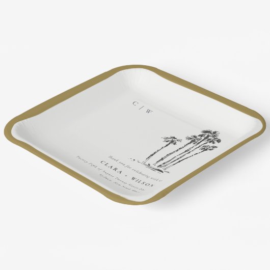 Elegante Tropical Coastal Palm Tree Hochzeit Pappteller (Gewinkelt)