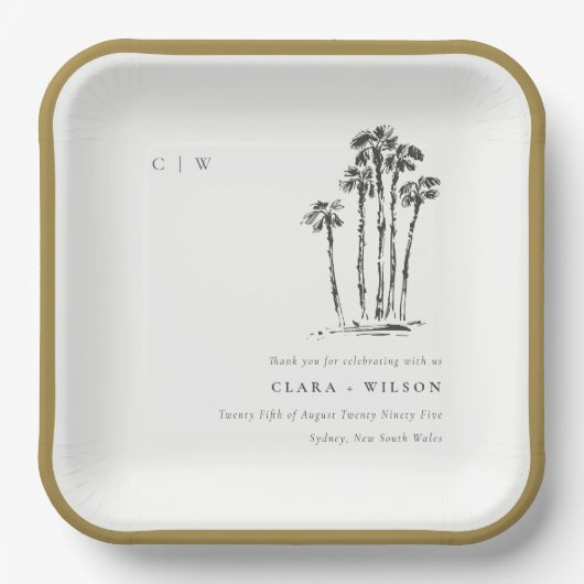 Elegante Tropical Coastal Palm Tree Hochzeit Pappteller (Vorderseite)