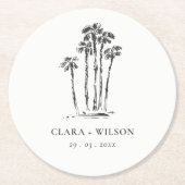 Elegante Tropical Coastal Palm Tree Hochzeit Runder Pappuntersetzer (Vorderseite)