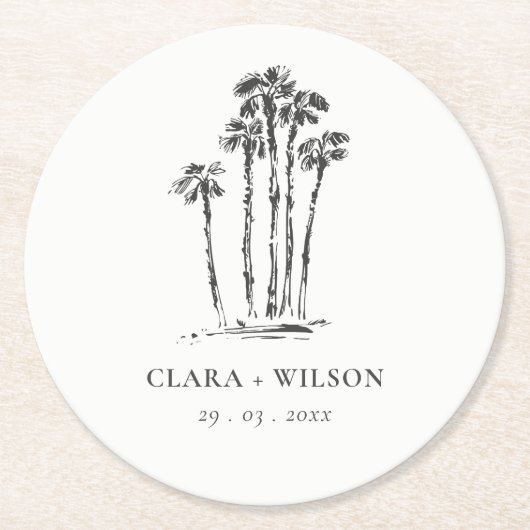 Elegante Tropical Coastal Palm Tree Hochzeit Runder Pappuntersetzer (Vorderseite)