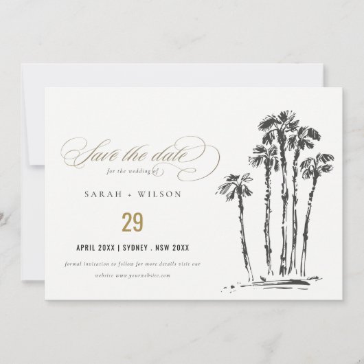 Elegante Tropical Coastal Palm Tree Hochzeit Save The Date (Vorderseite)