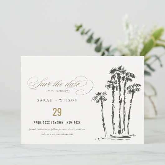 Elegante Tropical Coastal Palm Tree Hochzeit Save The Date (Stehend Vorderseite)