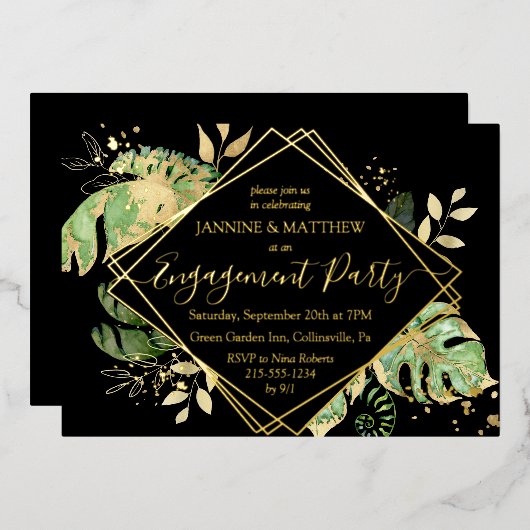 Elegante Tropical Engagement Party Black & Gold Folieneinladung (Vorderseite/Rückseite)
