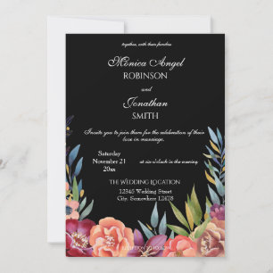Elegante Tropical Floral Black Wedding Einladung