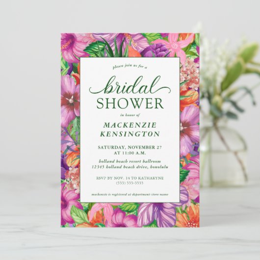 Elegante Tropical Floral Bridal Dusche Einladung (Stehend Vorderseite)
