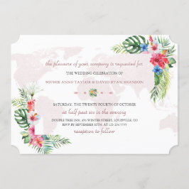 Elegante Tropical Floral Gold Weltkarte Hochzeit Einladung