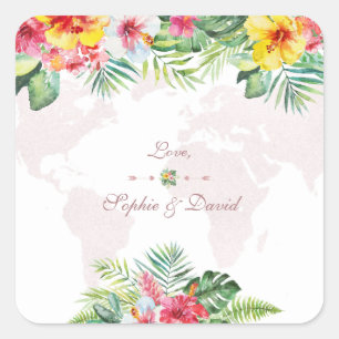 Elegante Tropical Floral Gold Weltkarte Hochzeit Quadratischer Aufkleber