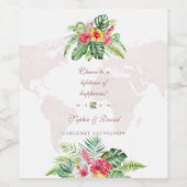 Elegante Tropical Floral Gold Weltkarte Hochzeit Weinetikett (Einzelnes Label)