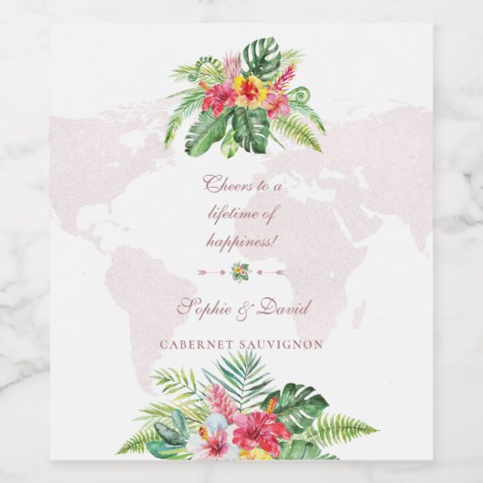 Elegante Tropical Floral Gold Weltkarte Hochzeit Weinetikett (Einzelnes Label)