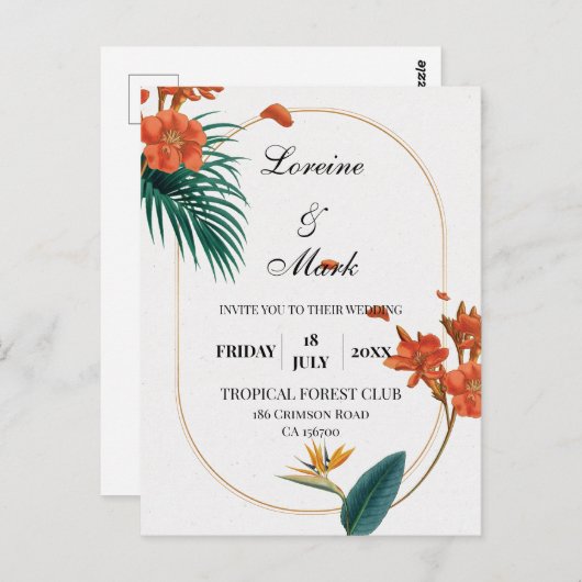 Elegante Tropical Floral Wedding Postkarte (Vorne/Hinten)