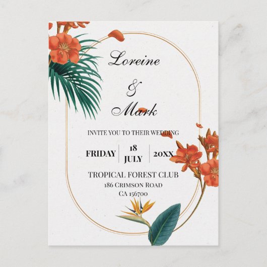 Elegante Tropical Floral Wedding Postkarte (Vorderseite)