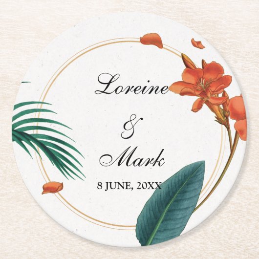 Elegante Tropical Floral Wedding Runder Pappuntersetzer (Vorderseite)