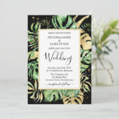 Elegante Tropical Foliage Black & Gold Hochzeit Einladung (Stehend Vorderseite)