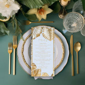 Elegante Tropical Gilded Gold Monstera Hochzeit Menükarte