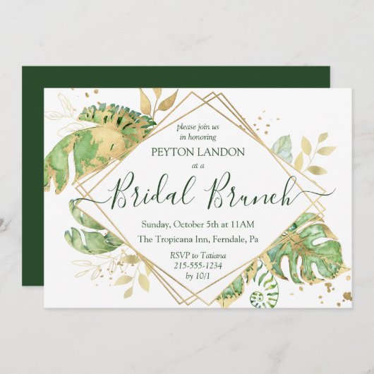 Elegante Tropical Gold Bridal Brunch Dusche Einladung (Vorne/Hinten)