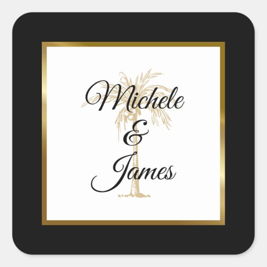 Elegante Tropical Gold Palm Tree Moderne Hochzeit Quadratischer Aufkleber (Vorderseite)