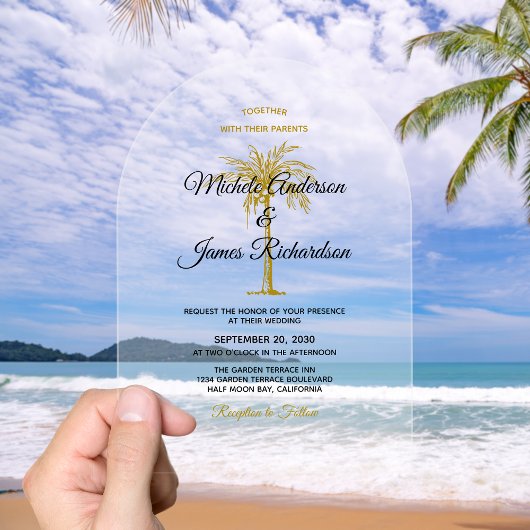 Elegante Tropical Gold Palm Tree Wedding Acryleinladungen