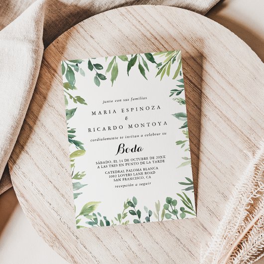 Elegante Tropical Green Foliage Spanische Hochzeit Einladung