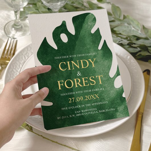 Elegante Tropical Monstera Leaf Wedding Einladung