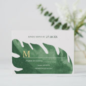 Elegante Tropical Monstera Leaf Wedding RSVP Karte (Stehend Vorderseite)