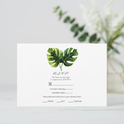 Elegante Tropical Palm Blätter Hochzeit RSVP Antwo (Stehend Vorderseite)