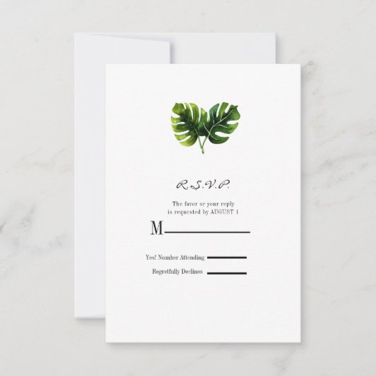 Elegante Tropical Palm Blätter Hochzeit RSVP Antwo Karte (Vorderseite)