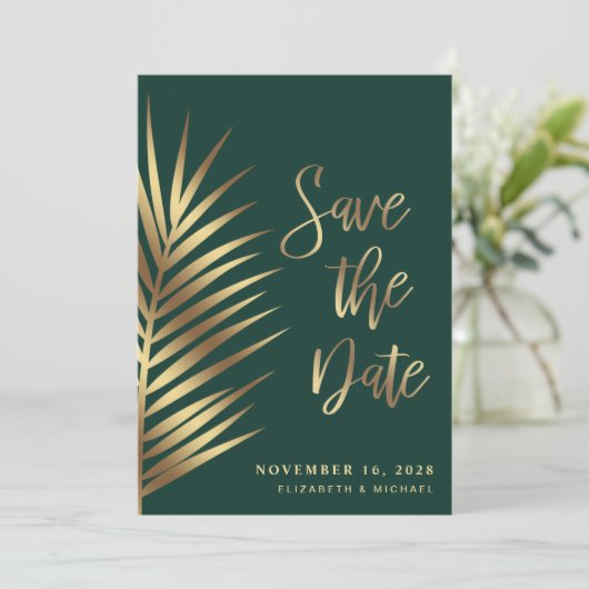 Elegante Tropical Palm Blätter Save the Date (Stehend Vorderseite)