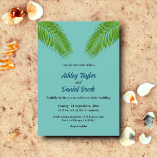 Elegante Tropical Palm Blue Coastal Beach Hochzeit Einladung