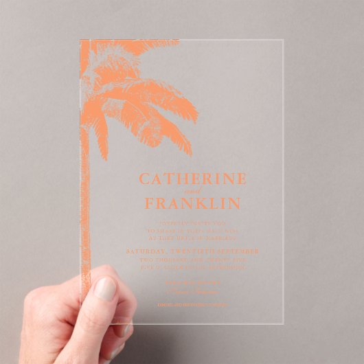 Elegante Tropical Palm Tree Wedding Acryleinladungen (Insitu (Handheld))