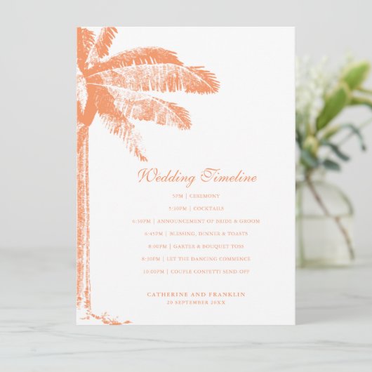 Elegante Tropical Palm Tree Wedding Timeline Programm (Stehend Vorderseite)