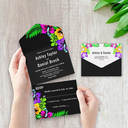 Elegante Tropical Rustic Boho Black Floral Wedding All In One Einladung