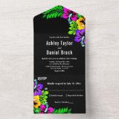 Elegante Tropical Rustic Boho Black Floral Wedding All In One Einladung (Innen Boden)
