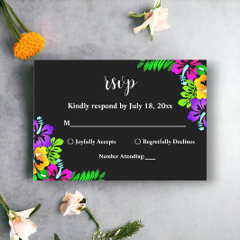 Elegante Tropical Rustic Boho Black Floral Wedding RSVP Karte