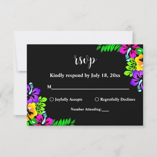 Elegante Tropical Rustic Boho Black Floral Wedding RSVP Karte (Vorderseite)