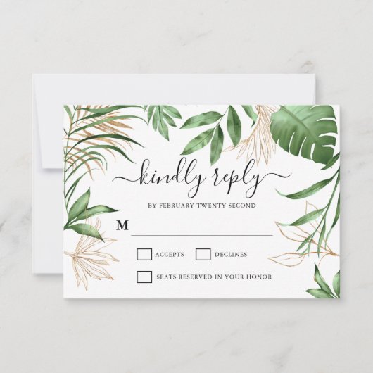 Elegante Tropical Summer Greenerity & Gold Wedding RSVP Karte (Vorderseite)